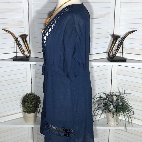 Vintage Y2K Cover Up Dress Crochet Deep V Neck Blue 3X - Picture 6 of 15